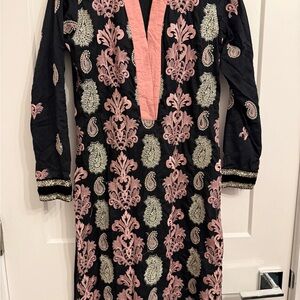 Pakistani Black Kameez with Pink and Gold Embroidery